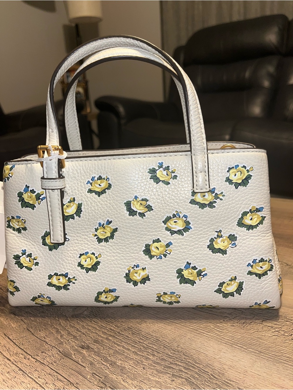 Tory Burch Pebble Leather Cream Floral Mini Satchel with Yellow & Green Accents - Picture 3 of 10